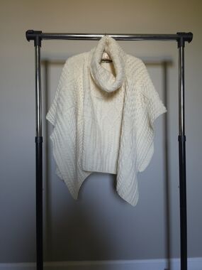 100% Merino Wool Cable-Knit Cowl-Neck Poncho Sweater